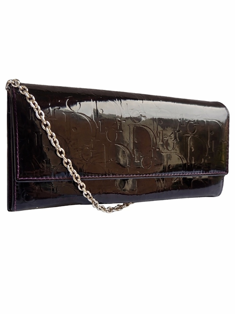 Dior Burgundy Oblique Patent Leather Wallet On Chain